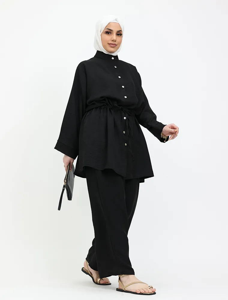 Black Linen Feel Drawstring Co Ord Set